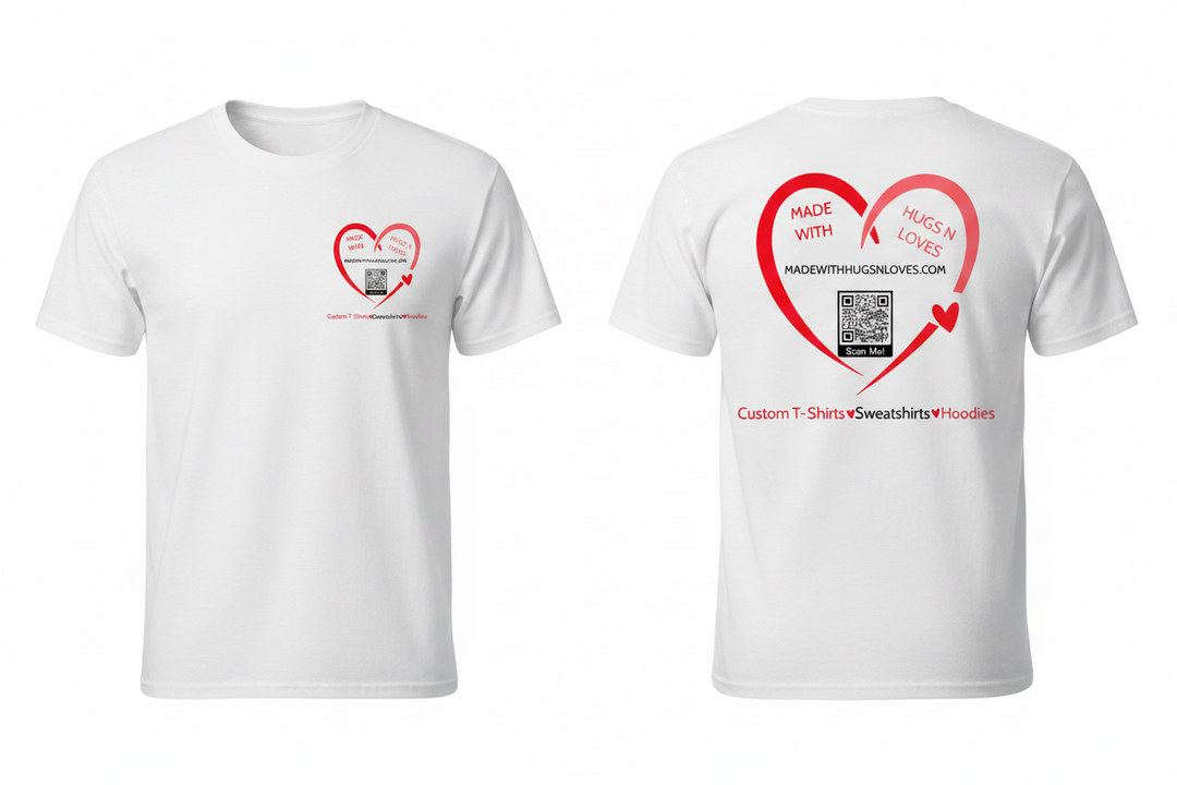 Signature Heart Graphic Tee from MadewithhugsnlovesLLC featuring a sweet brand logo design, available in white, light pink, and neon blue.