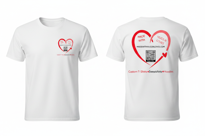 Signature Heart Graphic Tee from MadewithhugsnlovesLLC featuring a sweet brand logo design, available in white, light pink, and neon blue.