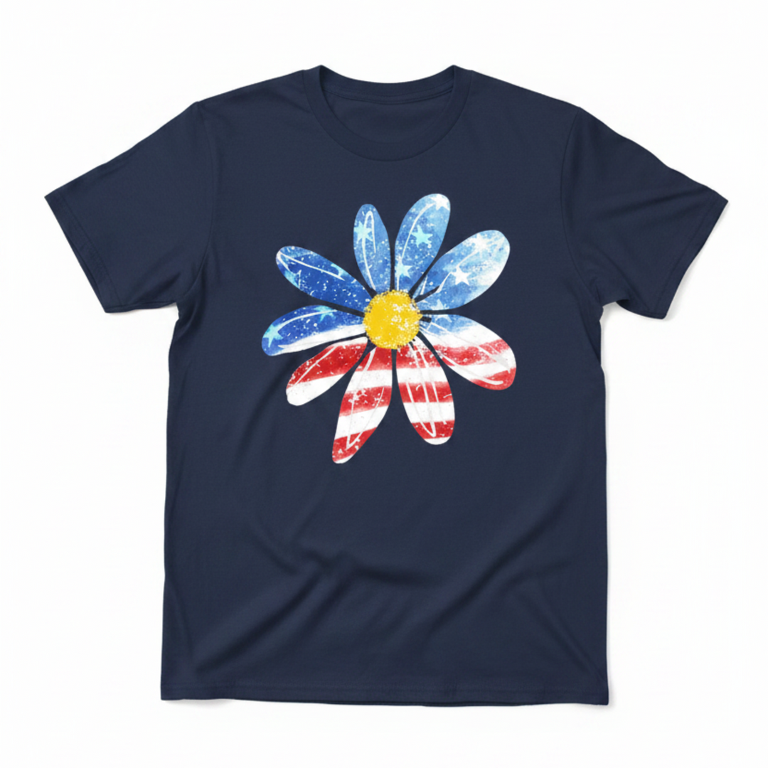 Vintage-style Patriotic Flower Shirt featuring a large blooming daisy flower graphic filled with a red, white, and blue American flag pattern.