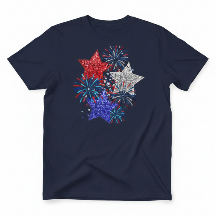 Dazzling 4th of July Shirt featuring a patriotic red, silver, and blue sequin-style glitter stars and fireworks graphic print.