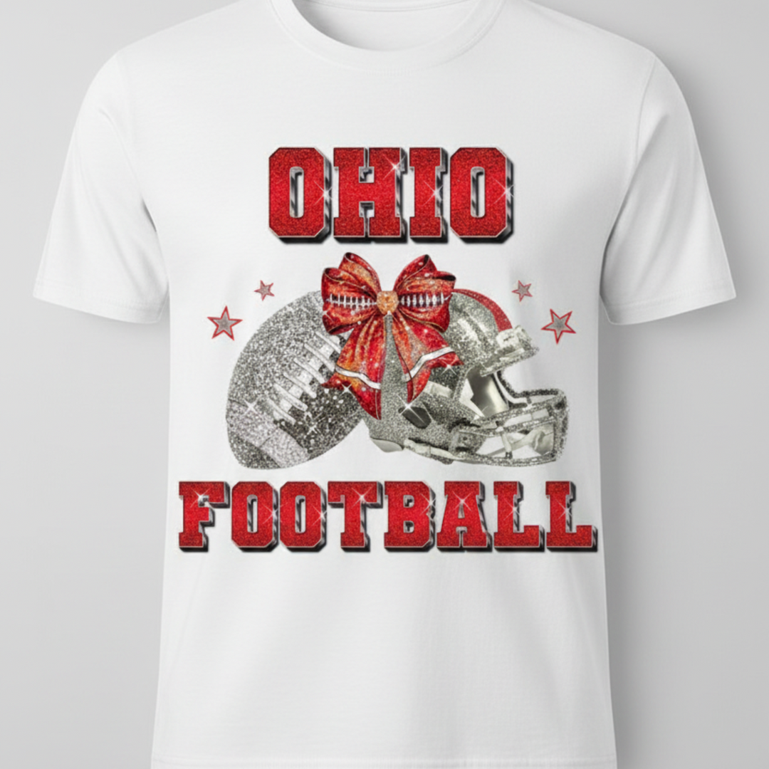 Ohio Football Glitter Rhinestone Graphic Tee with red glitter lettering and rhinestone football and helmet design