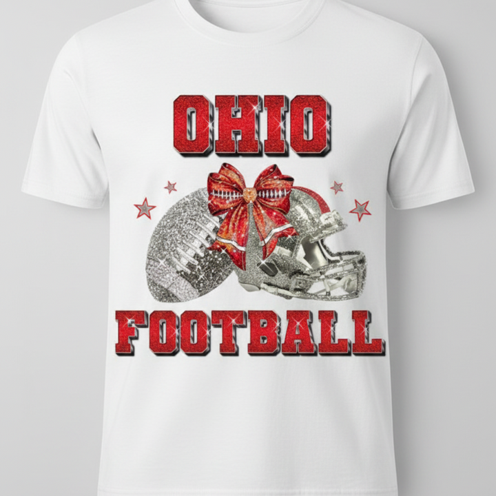 Ohio Football Glitter Rhinestone Graphic Tee with red glitter lettering and rhinestone football and helmet design