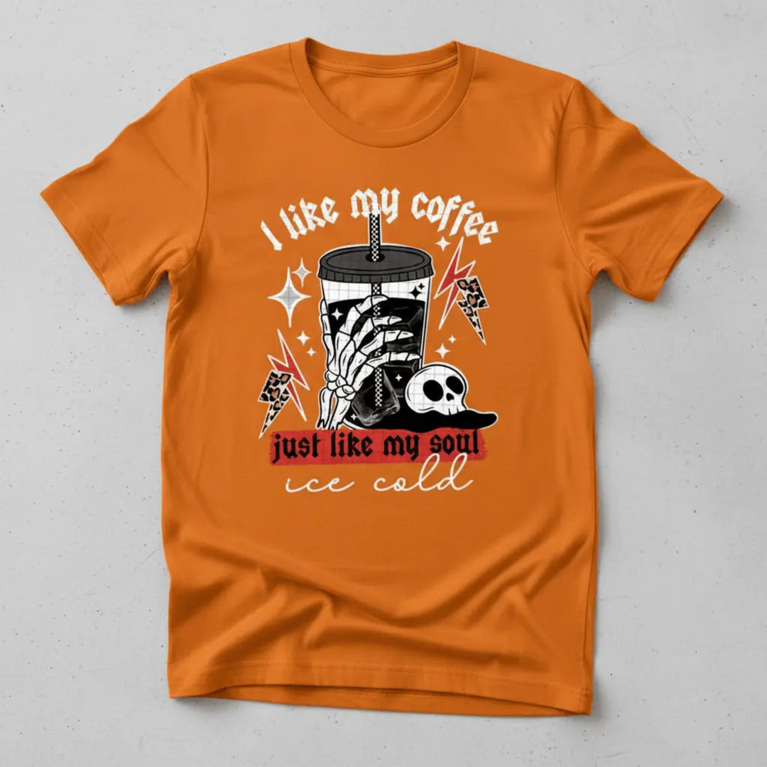 Edgy Skeleton Iced Coffee Shirt showcasing a detailed graphic print of a skeleton hand gripping a frosty drink with funny dark humor sarcasm text.