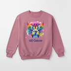 Pink sweatshirt mockup with all cancer rainbow ribbon design