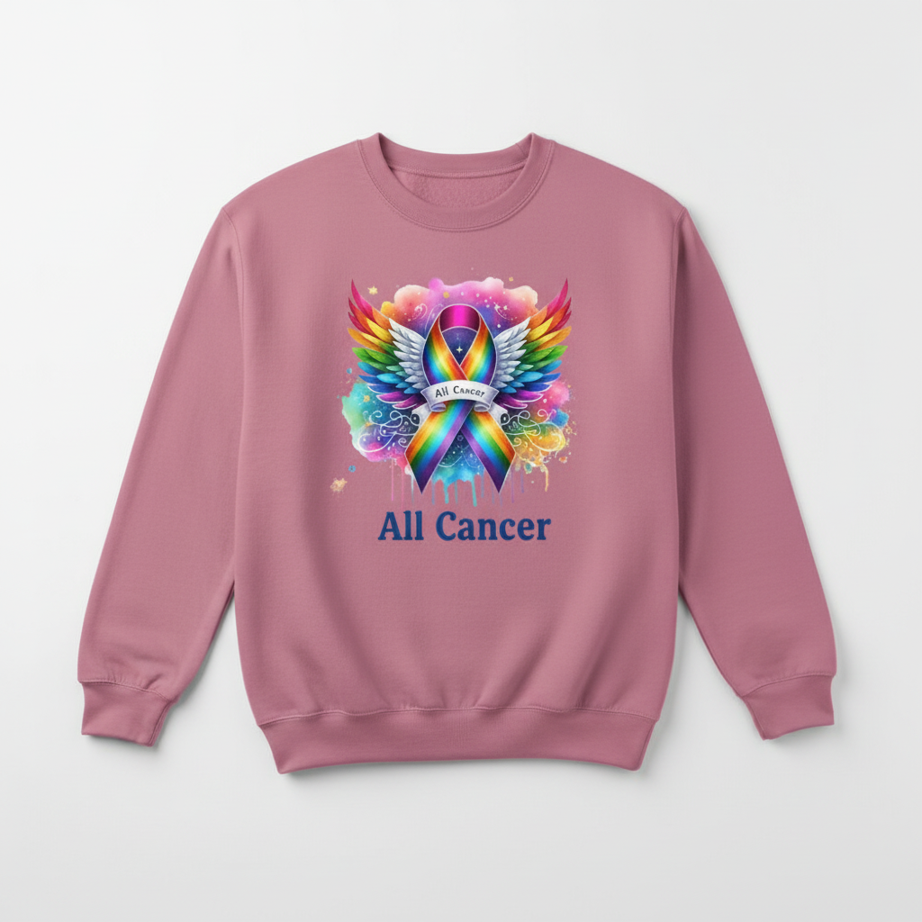 Pink sweatshirt mockup with all cancer rainbow ribbon design