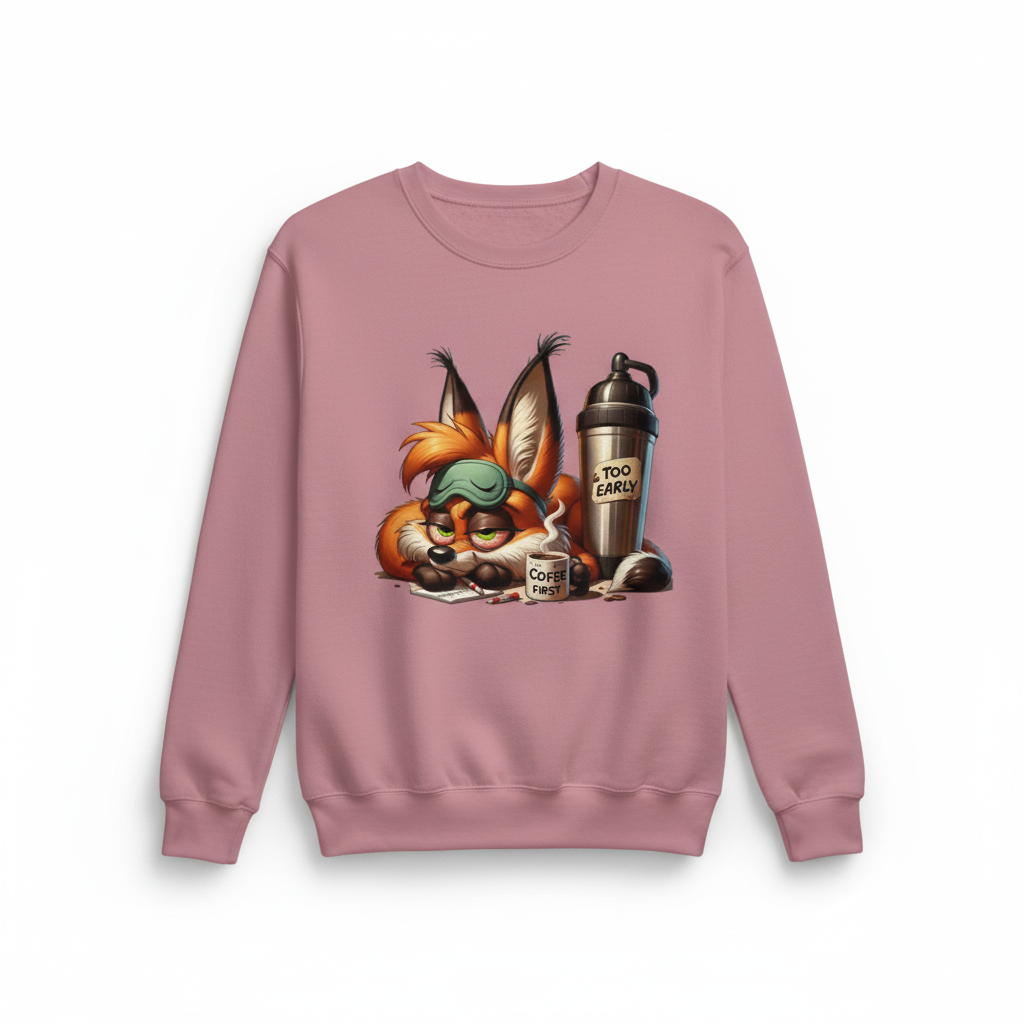 Pink sweatshirt mockup with grumpy fox coffee design