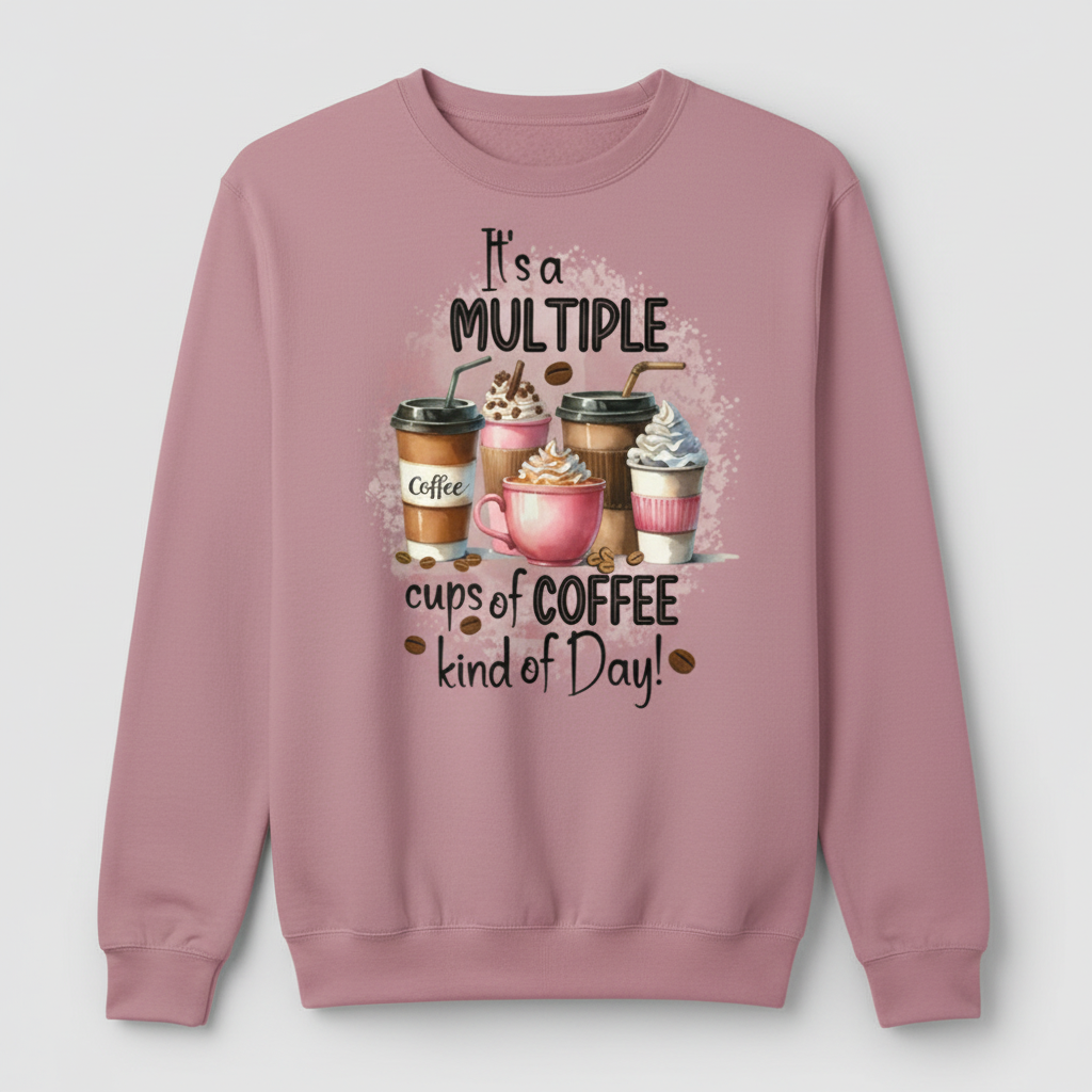 Pink sweatshirt mockup with multiple coffee cups design