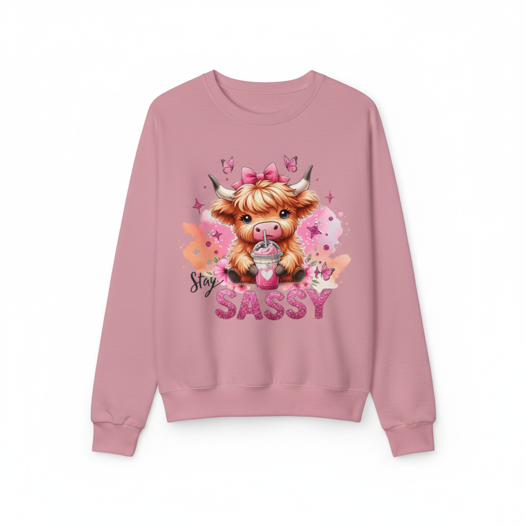 Pink sweatshirt mockup with sassy highland cow design