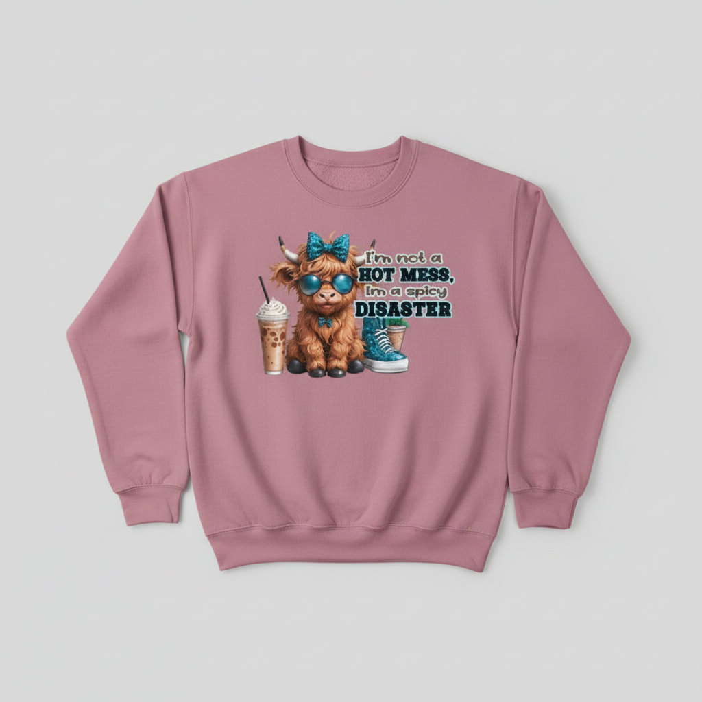 Pink sweatshirt mockup with spicy disaster highland cow design