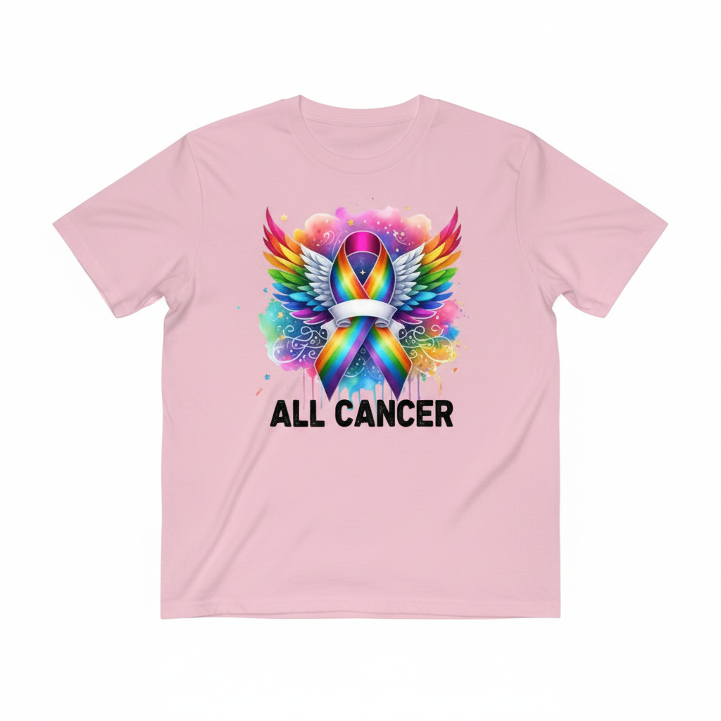 Pink t-shirt mockup with all cancer rainbow ribbon design