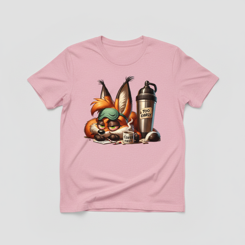 Pink t-shirt mockup with grumpy fox coffee design