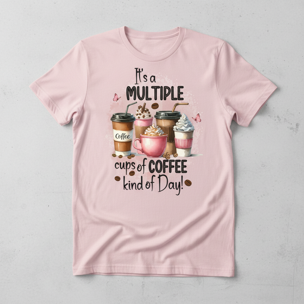 Pink t-shirt mockup with multiple coffee cups design