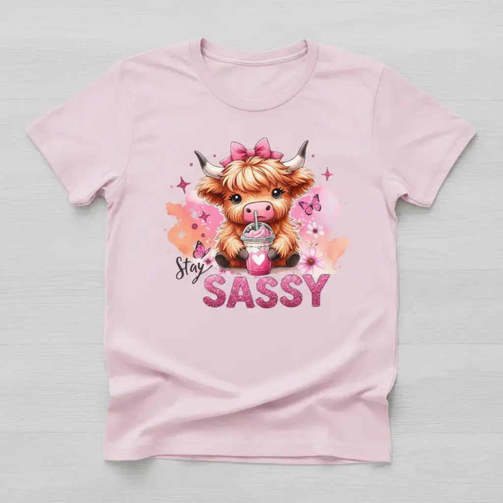 Pink t-shirt mockup with sassy highland cow design