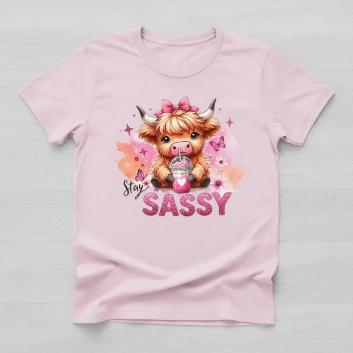 Pink t-shirt mockup with sassy highland cow design