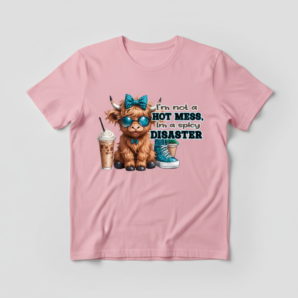 Pink t-shirt mockup with spicy disaster highland cow