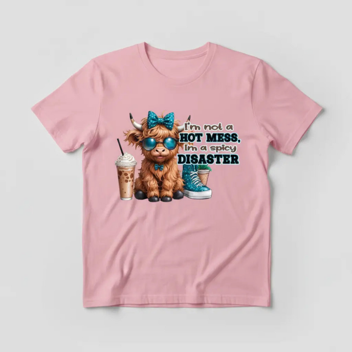 Pink t-shirt mockup with spicy disaster highland cow