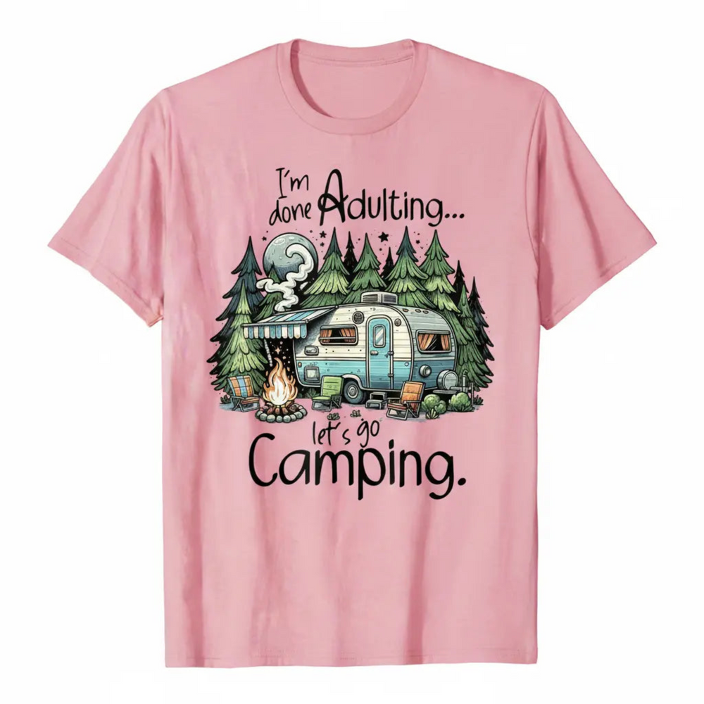 A vibrant Funny Camper Graphic Tee featuring a glowing moon scene and a cozy retro camper trailer illustration