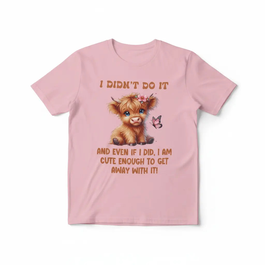 Highland cow I Didn't Do It T-shirt in soft pink with cute graphic design