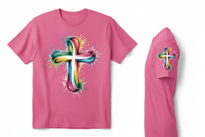 Rainbow Cross Tee - Hot Pink Front &amp; Sleeve