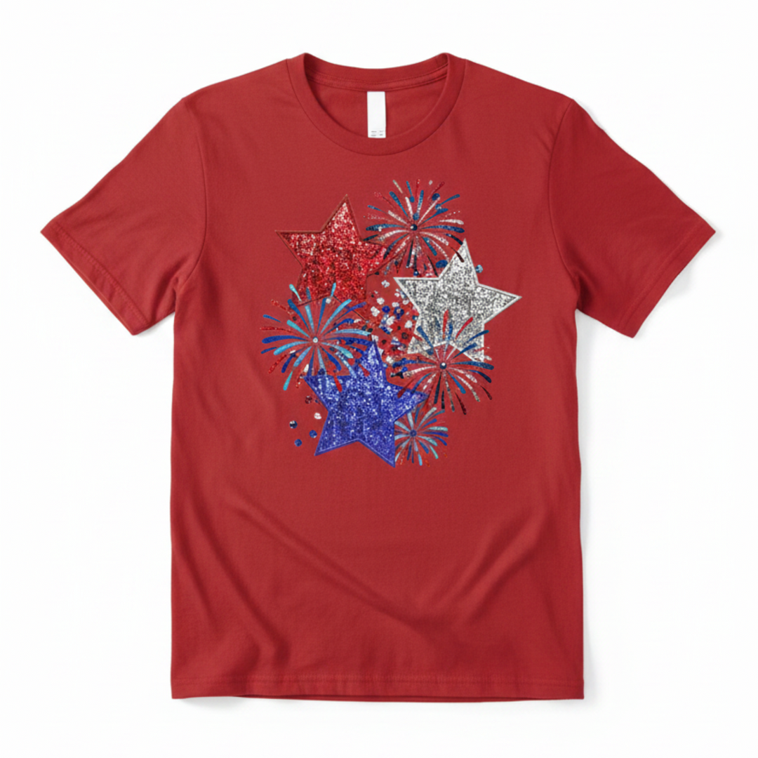 Dazzling 4th of July Shirt featuring a patriotic red, silver, and blue sequin-style glitter stars and fireworks graphic print.