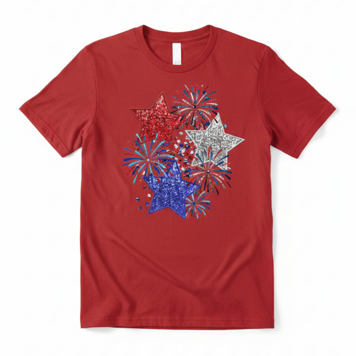 Dazzling 4th of July Shirt featuring a patriotic red, silver, and blue sequin-style glitter stars and fireworks graphic print.