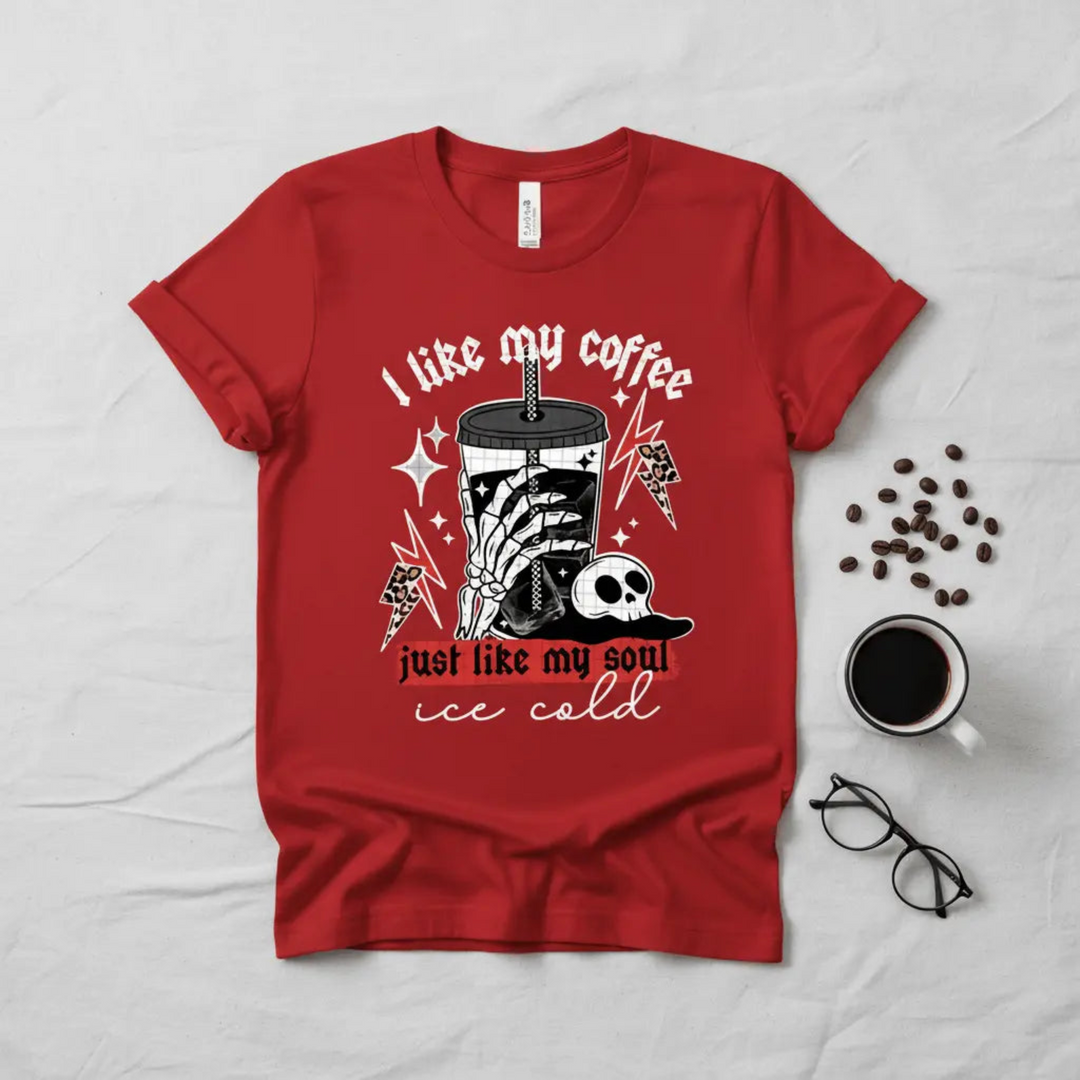 Edgy Skeleton Iced Coffee Shirt showcasing a detailed graphic print of a skeleton hand gripping a frosty drink with funny dark humor sarcasm text.