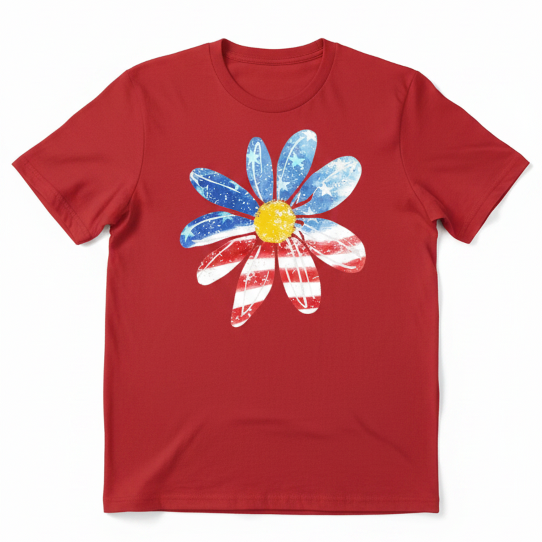 Vintage-style Patriotic Flower Shirt featuring a large blooming daisy flower graphic filled with a red, white, and blue American flag pattern.
