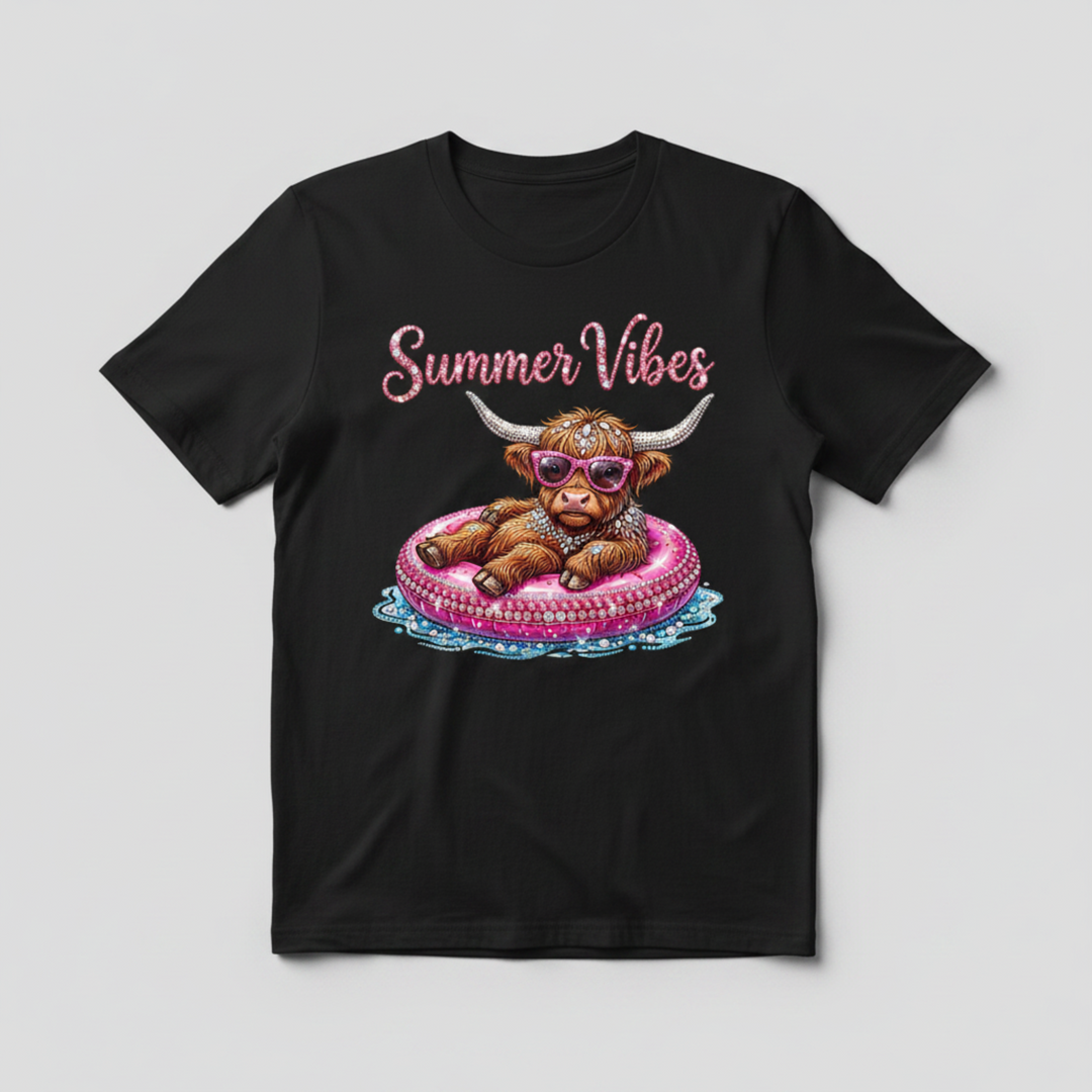 Eye-catching Bling Graphic Tee featuring a fluffy Highland cow in a pink pool float wearing sparkling pink rhinestone sunglasses.