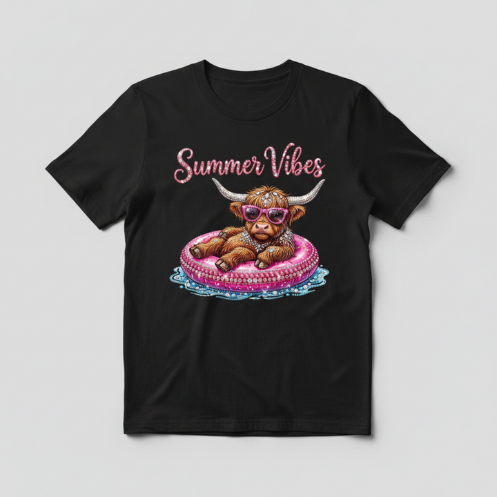Eye-catching Bling Graphic Tee featuring a fluffy Highland cow in a pink pool float wearing sparkling pink rhinestone sunglasses.