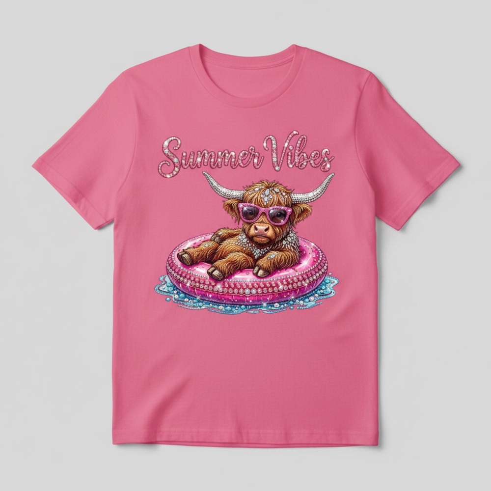 Eye-catching Bling Graphic Tee featuring a fluffy Highland cow in a pink pool float wearing sparkling pink rhinestone sunglasses.