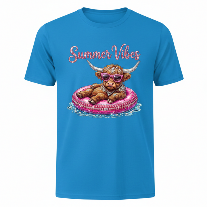 Eye-catching Bling Graphic Tee featuring a fluffy Highland cow in a pink pool float wearing sparkling pink rhinestone sunglasses.