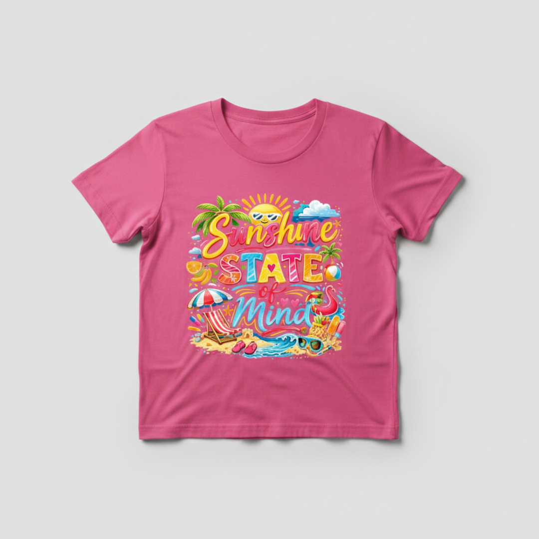 Vibrant Summer Beach Tee featuring a colorful 'Sunshine State of Mind' layout with palm trees, a flamingo, and a smiling sun doodle graphic.