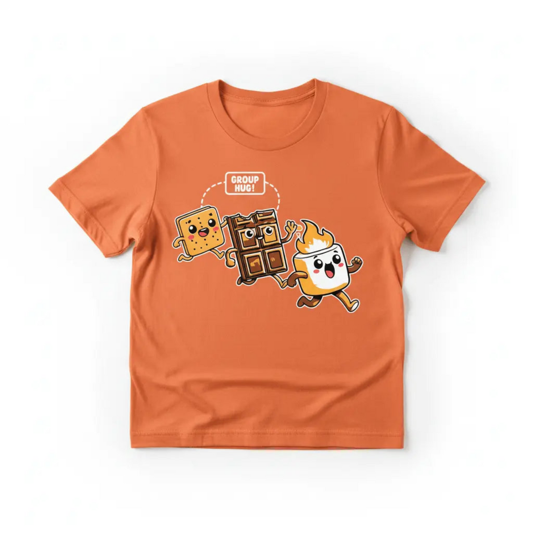 Playful Funny Camping Graphic Tee showcasing a colorful kawaii illustration of a graham cracker, chocolate, and marshmallow running into a campfire group hug.