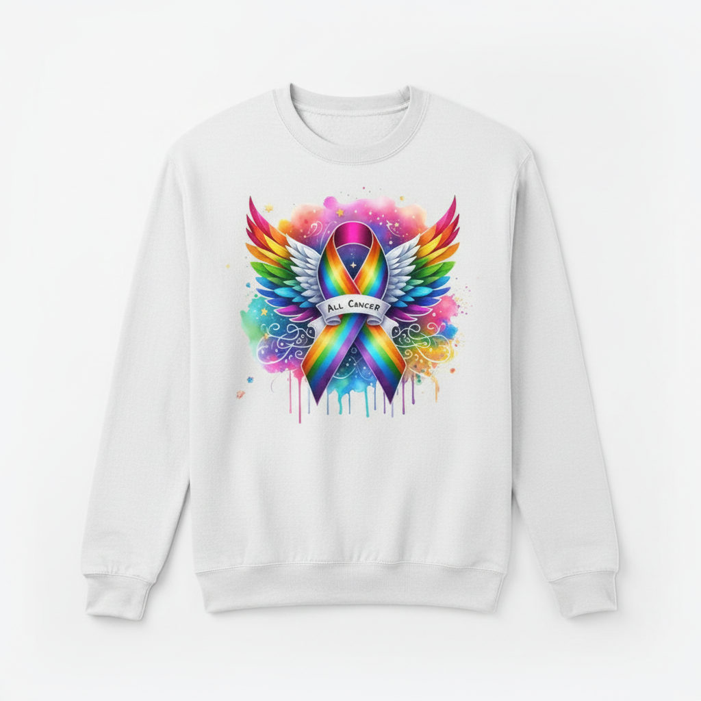 White sweatshirt mockup with all cancer rainbow ribbon design