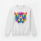 White sweatshirt mockup with all cancer rainbow ribbon design