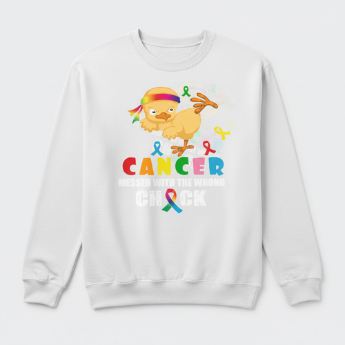 White sweatshirt mockup with cancer chick design