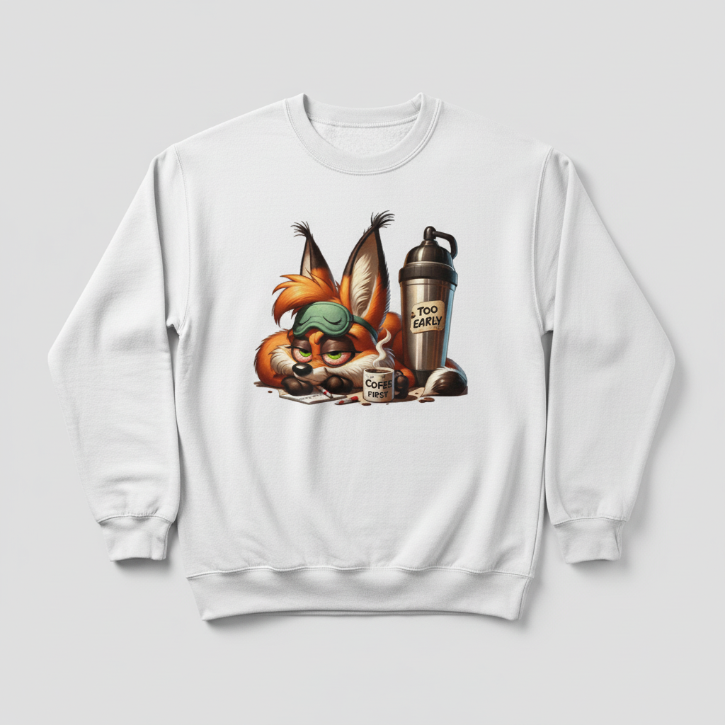 White sweatshirt mockup with grumpy fox coffee design
