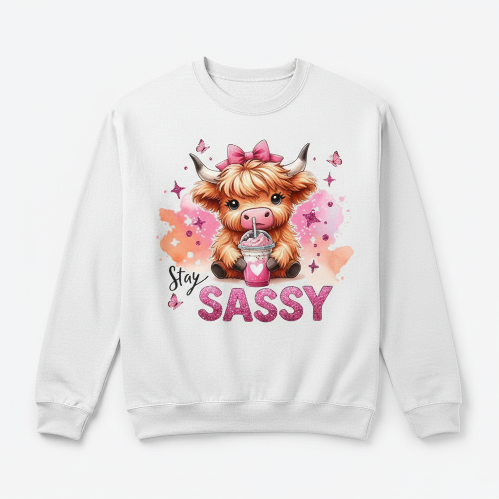 White sweatshirt mockup with sassy highland cow design