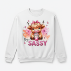 White sweatshirt mockup with sassy highland cow design