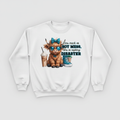 White sweatshirt mockup with spicy disaster highland cow design