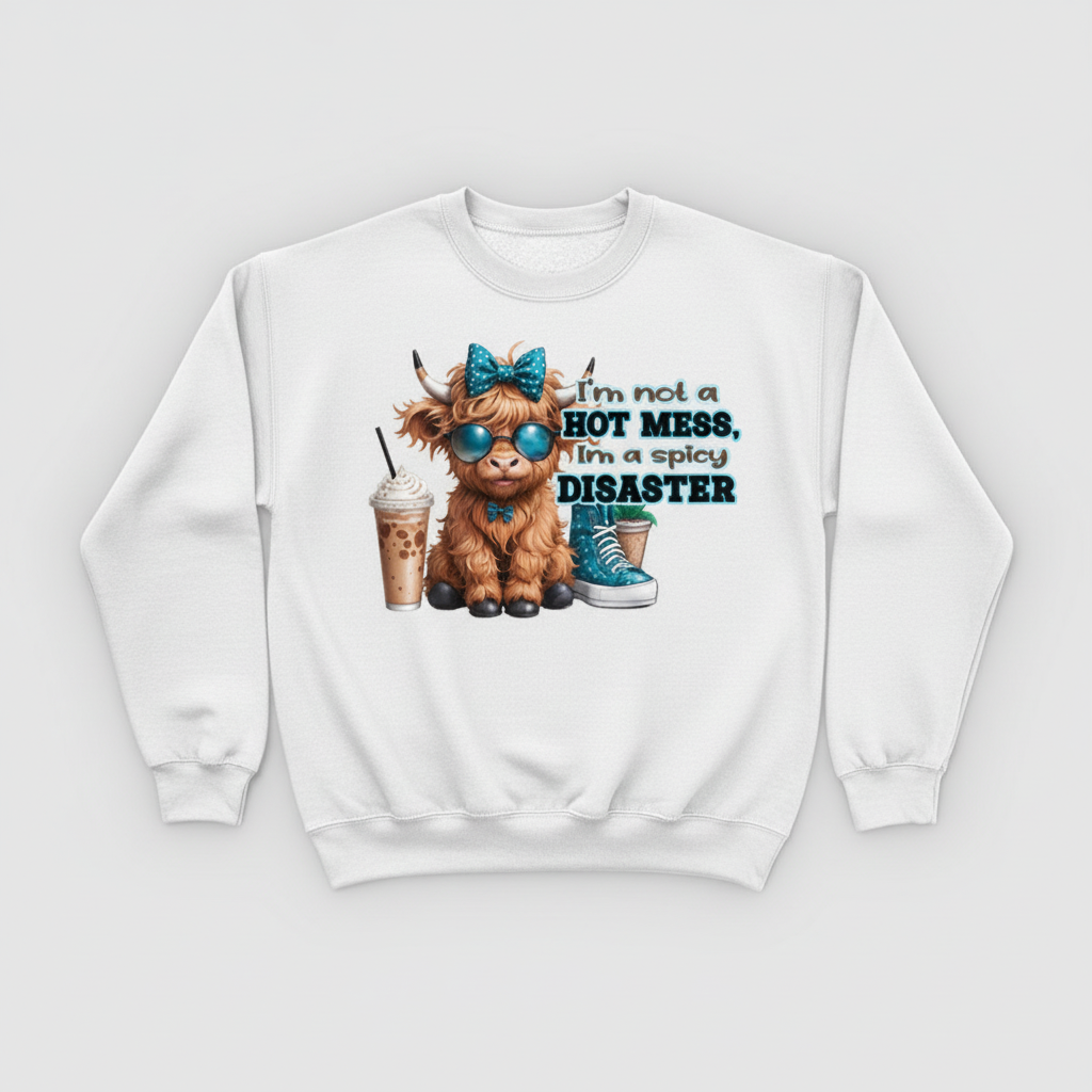 White sweatshirt mockup with spicy disaster highland cow design