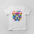 White t-shirt mockup with all cancer rainbow ribbon design