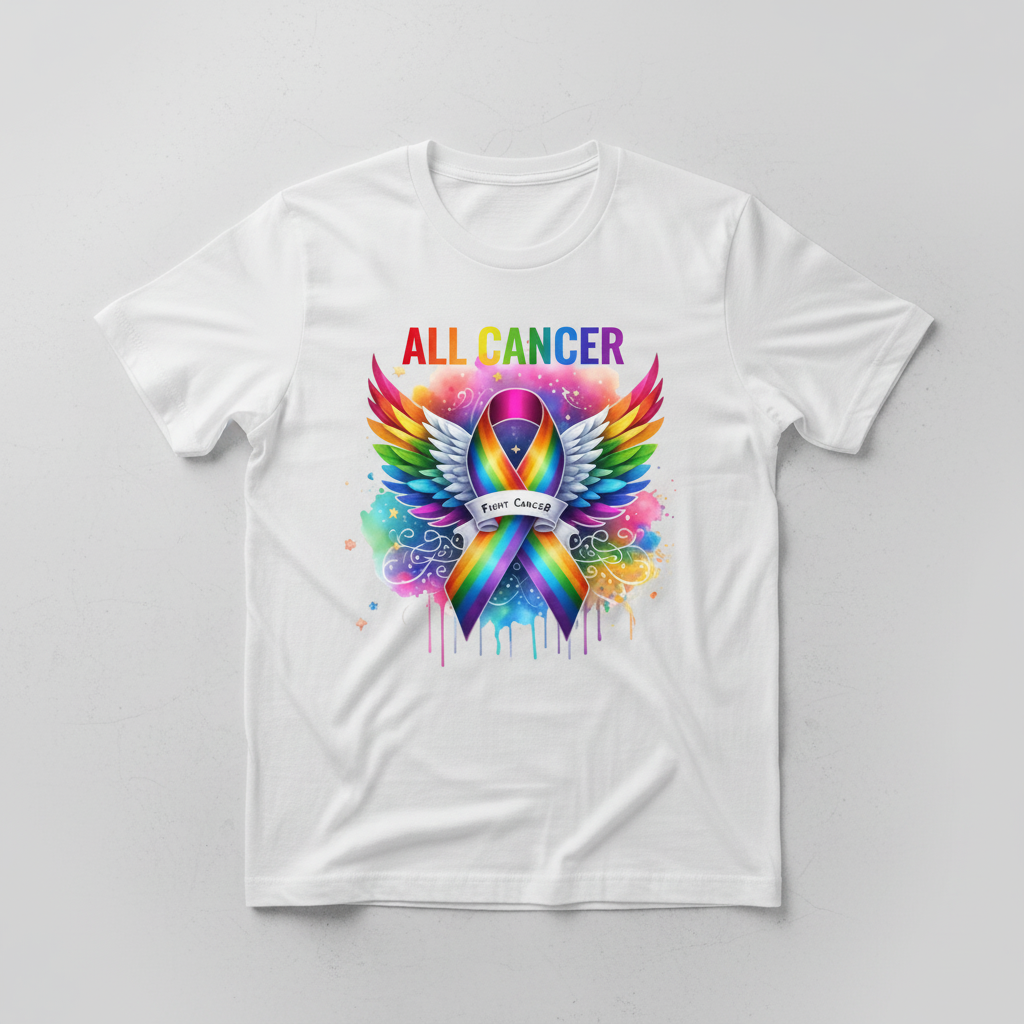 White t-shirt mockup with all cancer rainbow ribbon design