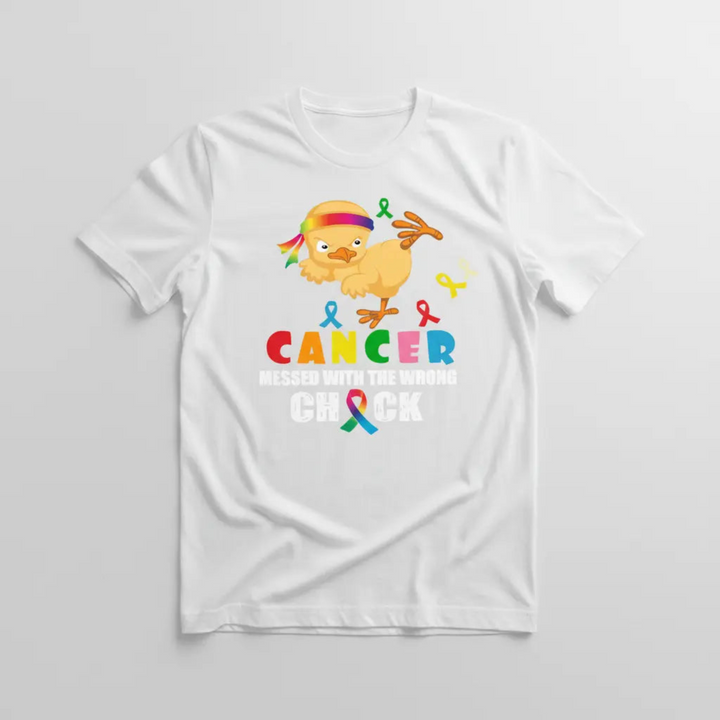 White t-shirt mockup with cancer fighter chick design