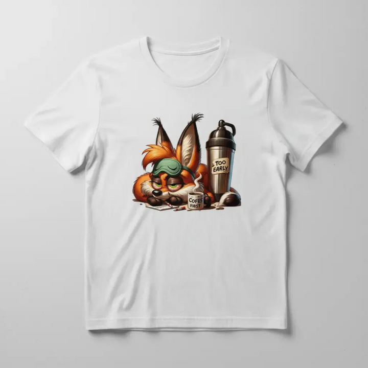 White t-shirt mockup with grumpy owl coffee design