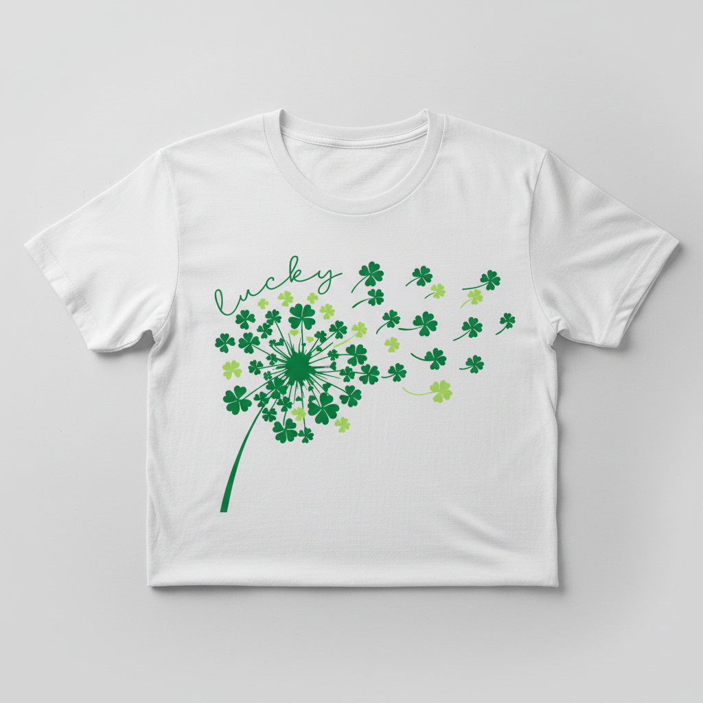 White t-shirt mockup with lucky shamrock dandelion design