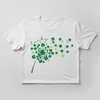 White t-shirt mockup with lucky shamrock dandelion design
