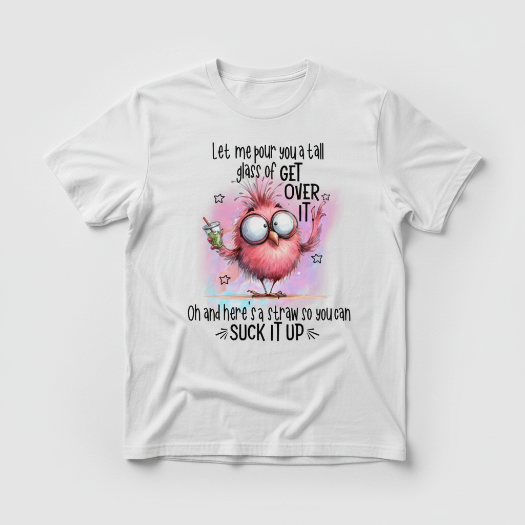 White t-shirt mockup with sassy bird design