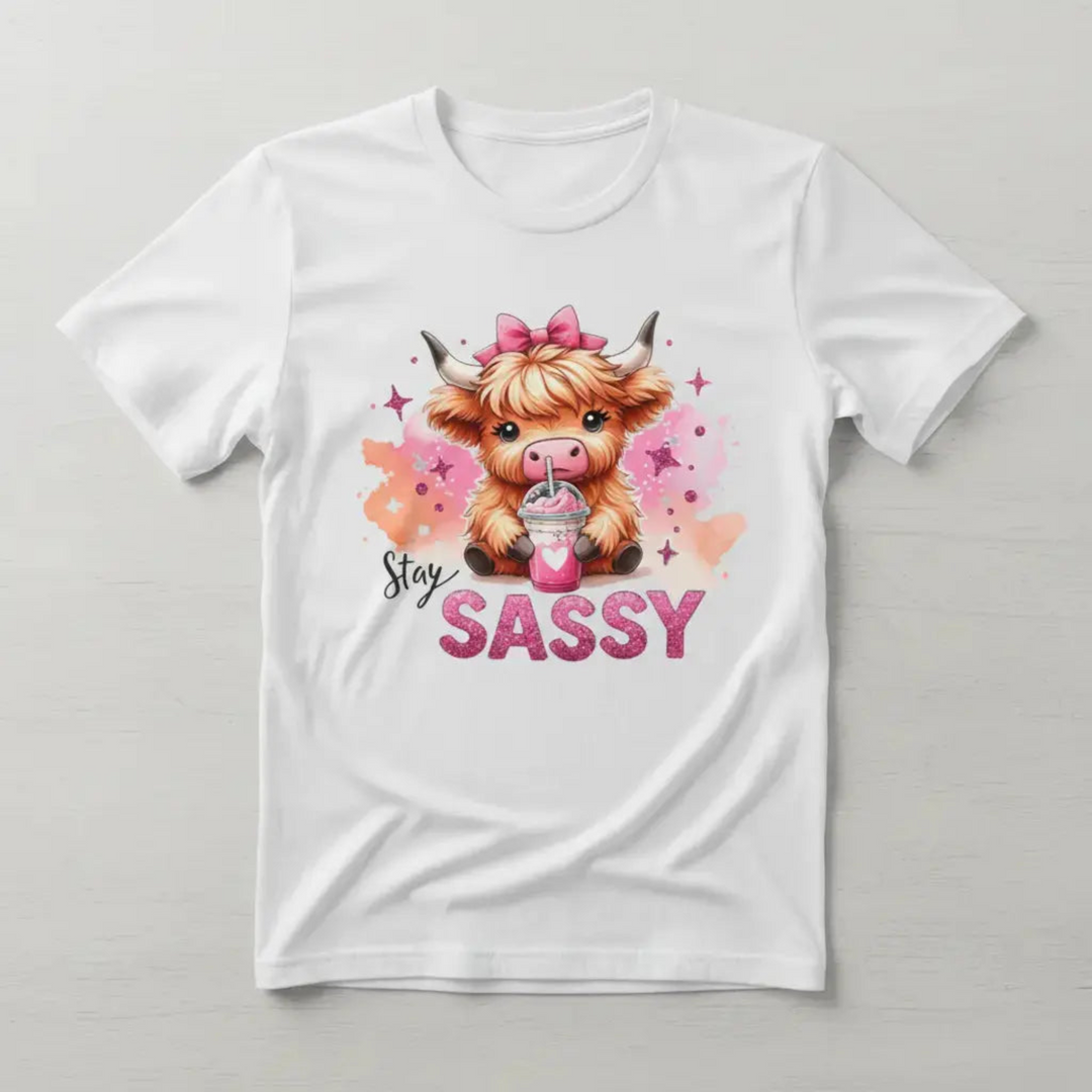 White t-shirt mockup with sassy highland cow design