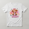 White t-shirt mockup with sassy highland cow design
